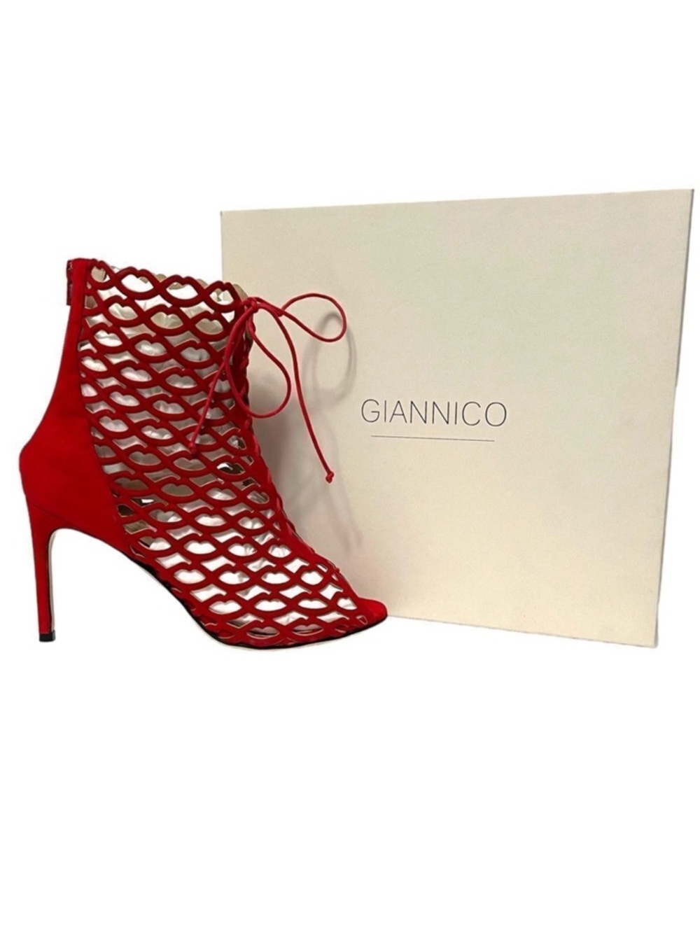 NIB GIANNICO Julia Caged XO Lips Cutout Suede Peeptoe Booties 40 - Picture 1 of 12